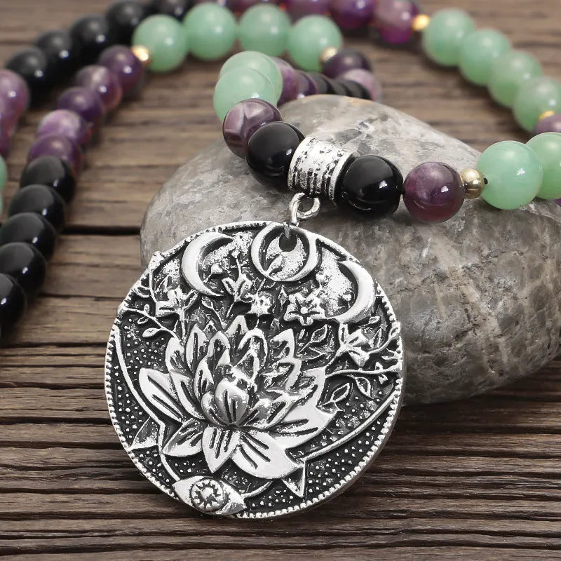 Yoga lotus pendant necklace and matching bracelet set with handmade stone beads