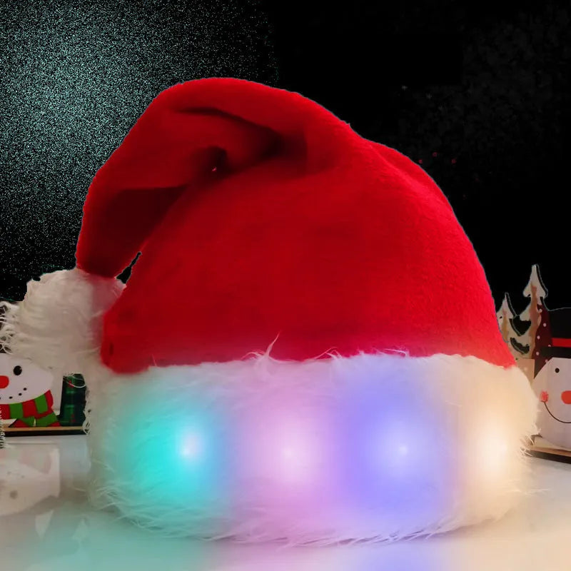 Red and white plush Santa hat with glowing LED lights around the brim and a white pom-pom.