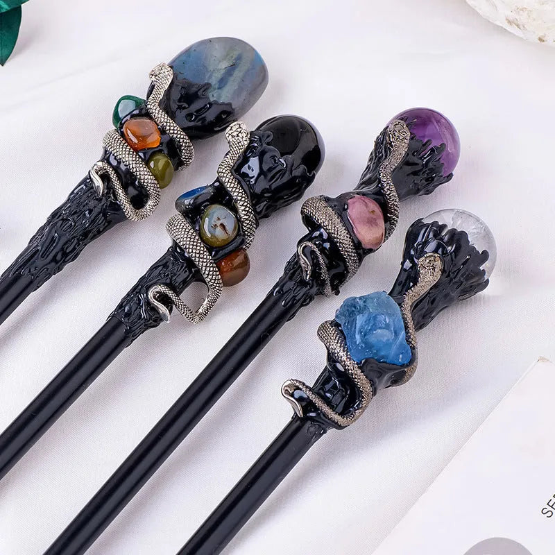 Natural crystal ball magic wand with amethyst stone topper for Halloween prop