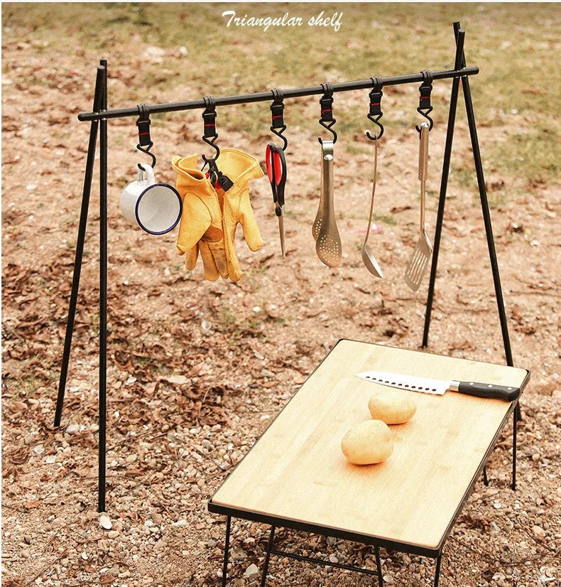 Aluminium alloy foldable triangle camping drying rack with side hanger and multiple hooks