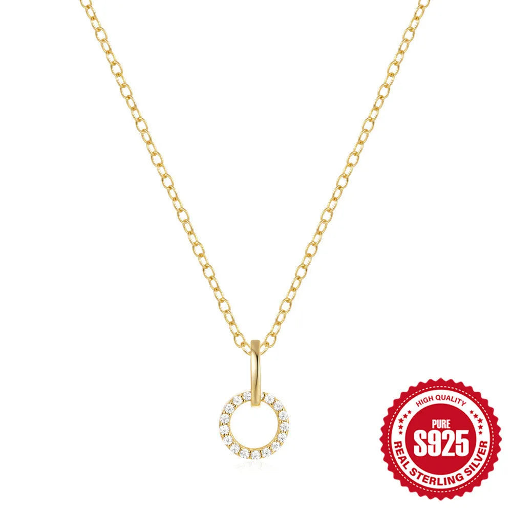 Gold tone S925 sterling silver clavicle chain with geometric zircon pendant on adjustable 21-50cm chain