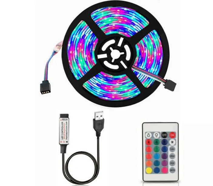 1 metre USB LED light strip showing white, blue, warm white, red, polychromatic, and green colour options