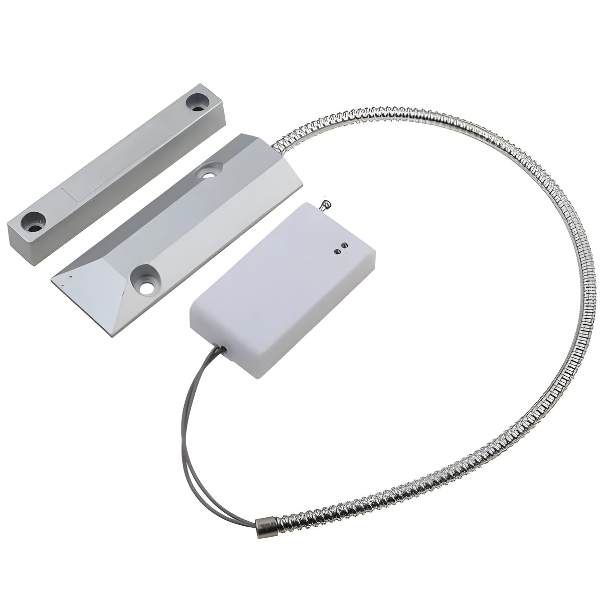Wireless rolling shutter door magnetic smart detector in silver finish on a white background