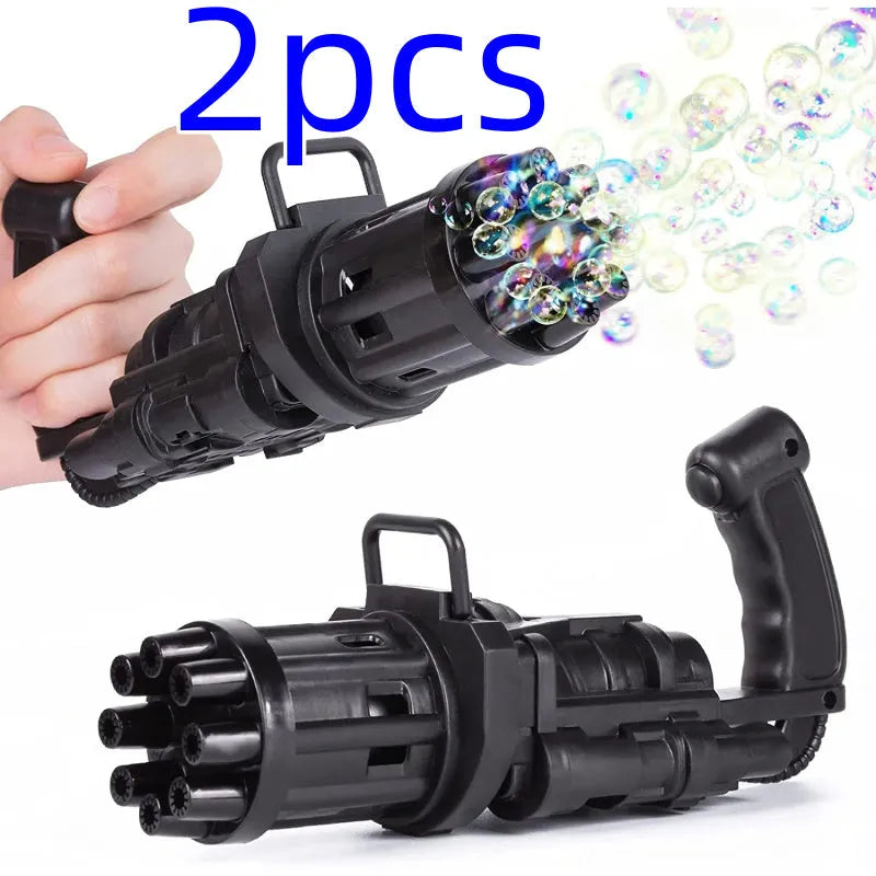 Kids bubble machine gun toy in pink, gold, or black colours with battery compartment and bubble solution