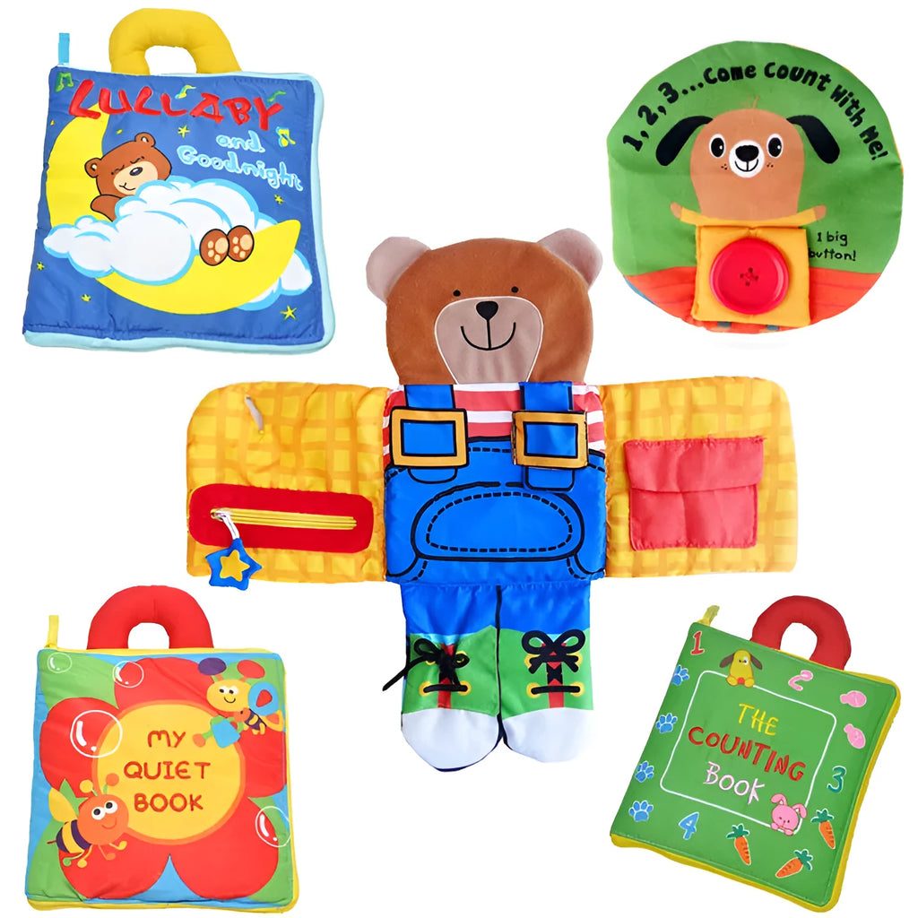 Tear-resistant cloth book for babies with soft fabric pages and polyester fibre filling, supplied in an OPP bag.