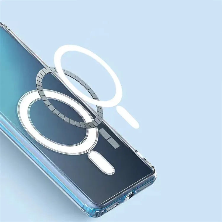 Transparent MagSafe magnetic phone case for Samsung Galaxy S21-S23 series showing magnetic charging ring