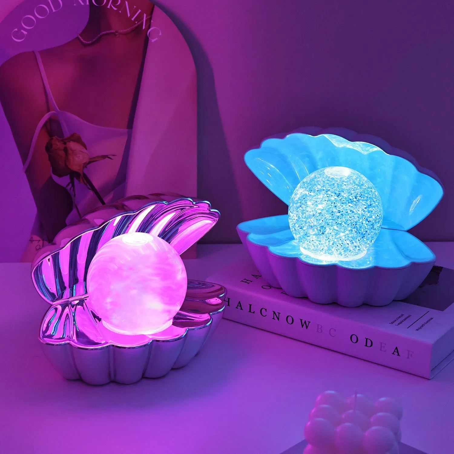 Shell-shaped decorative night lamp with neon lighting in cloud mist colour variant