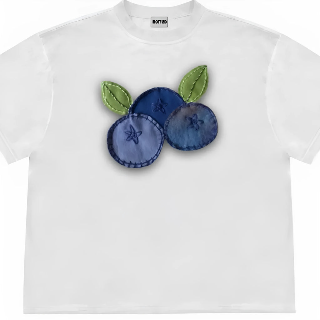 Blueberry fabric patchwork T-shirt with plant patterns in loose fit ice oxygen cotton