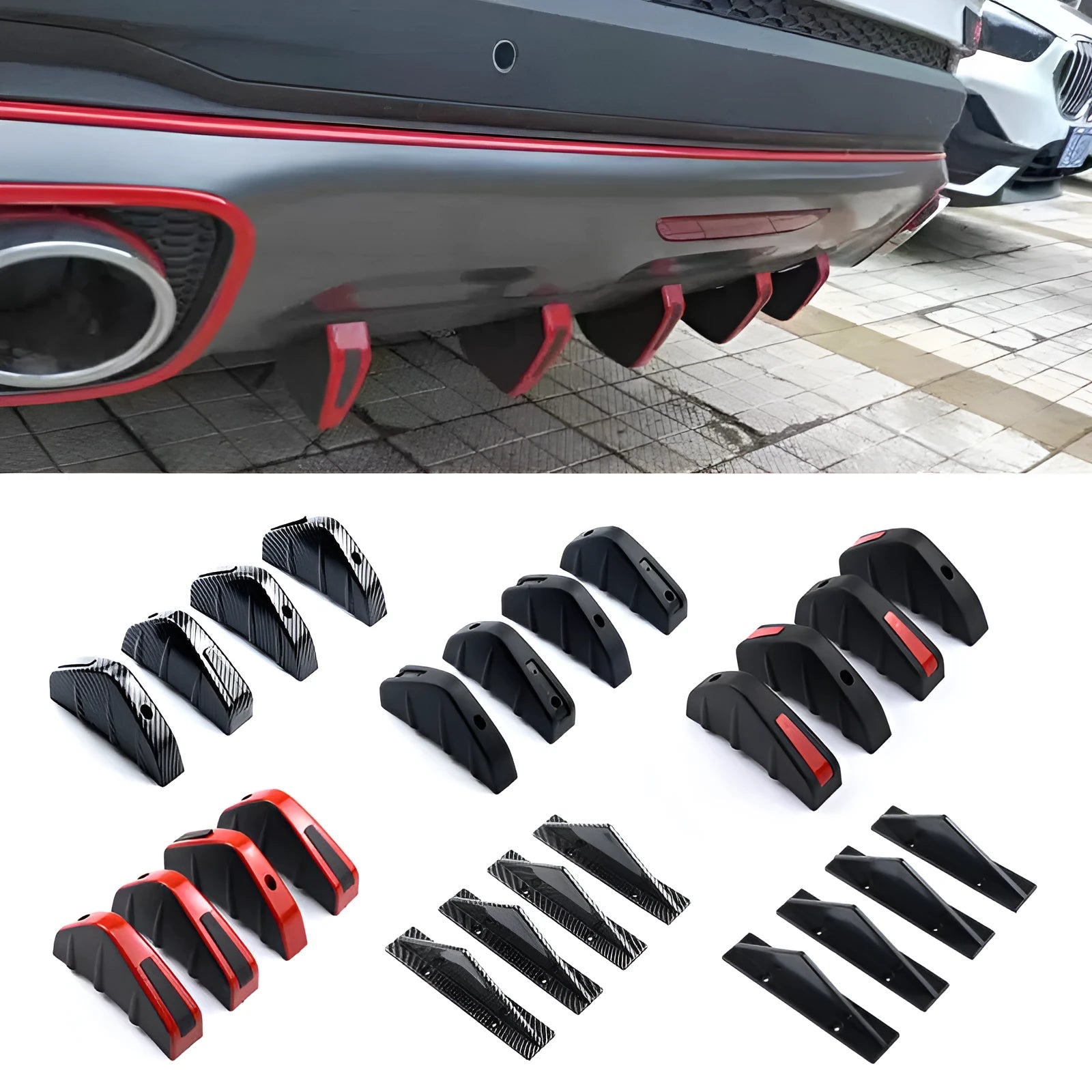 Triangular rear spoiler lip for cars, 15cm ABS construction with carbon fibre finish