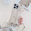 Denim blue leather phone case for iPhone 15 with wrist strap and built-in stand