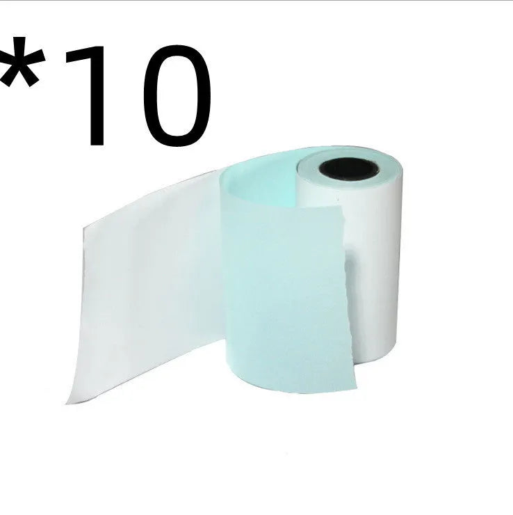 Mini Bluetooth thermal photo printer in pink with USB cable, rolls of HD paper, sticker paper, coloured paper, and 10-year archival paper