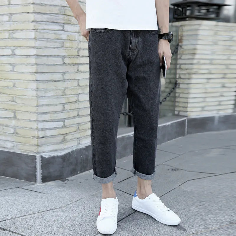 Men's loose straight light leg jeans in black and blue colours on a size chart