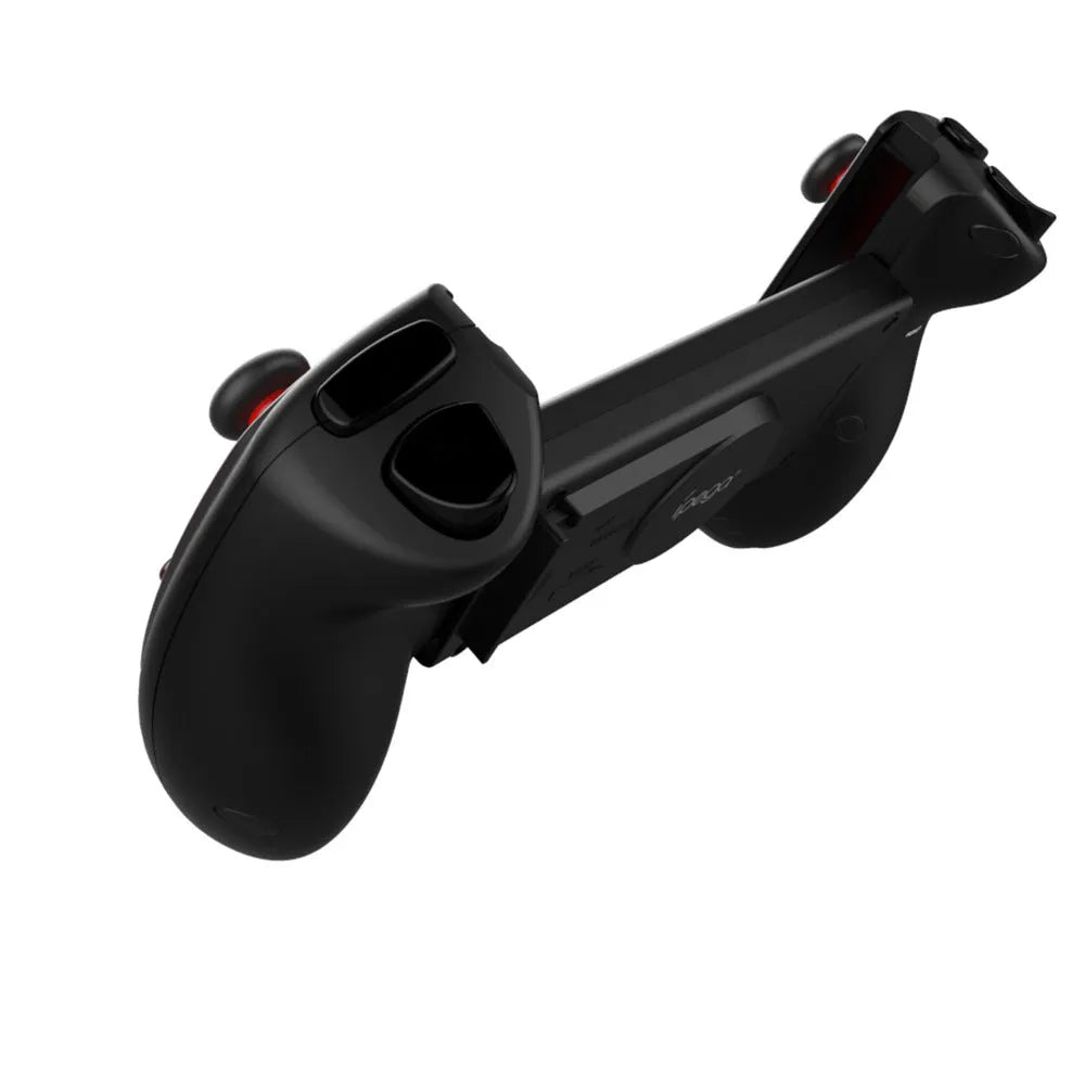 Red telescopic Bluetooth gamepad controller extended with a smartphone held in the centre.