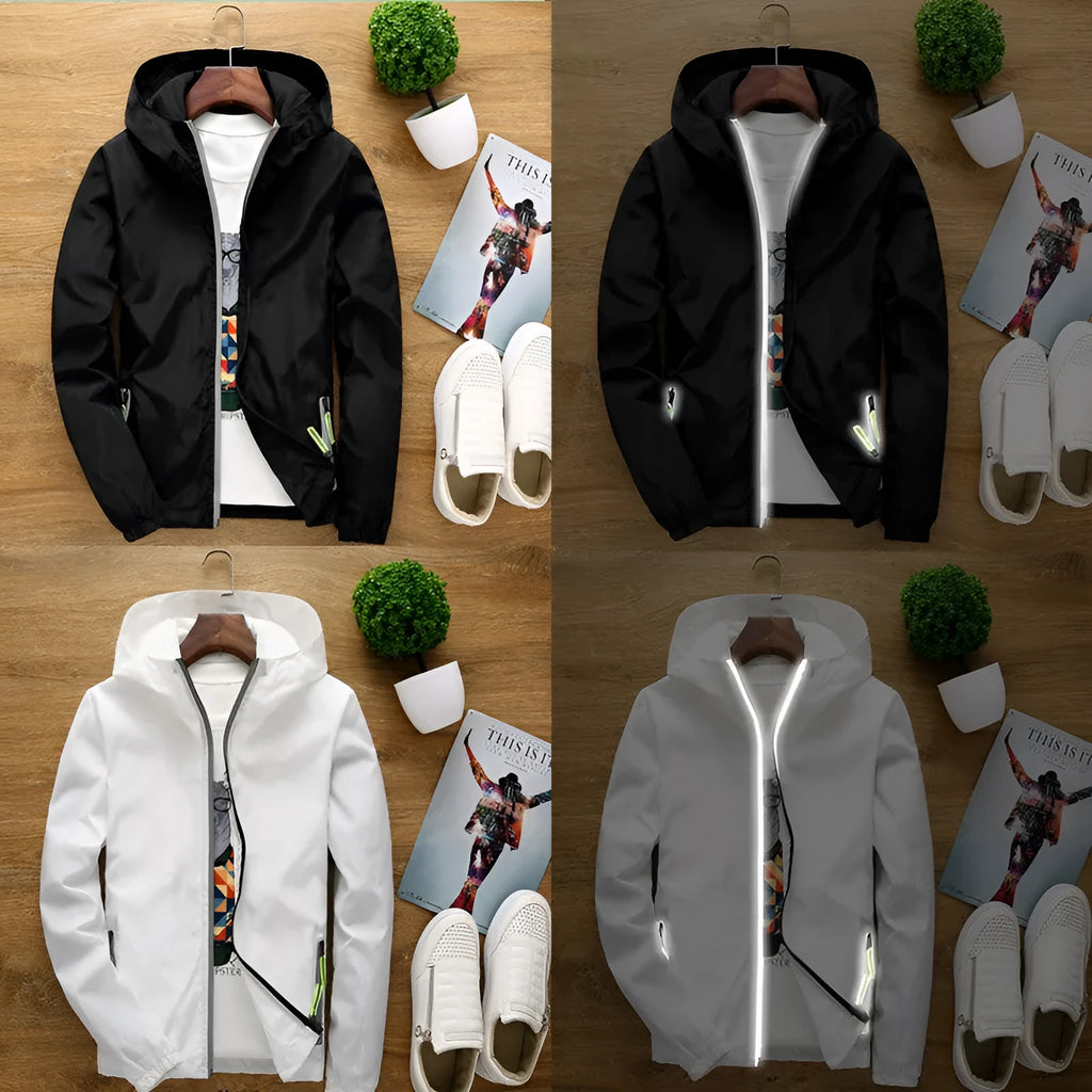 Waterproof polyester fishing jacket with reflective bars and zip pockets, available in 9 colours and sizes S to 7XL