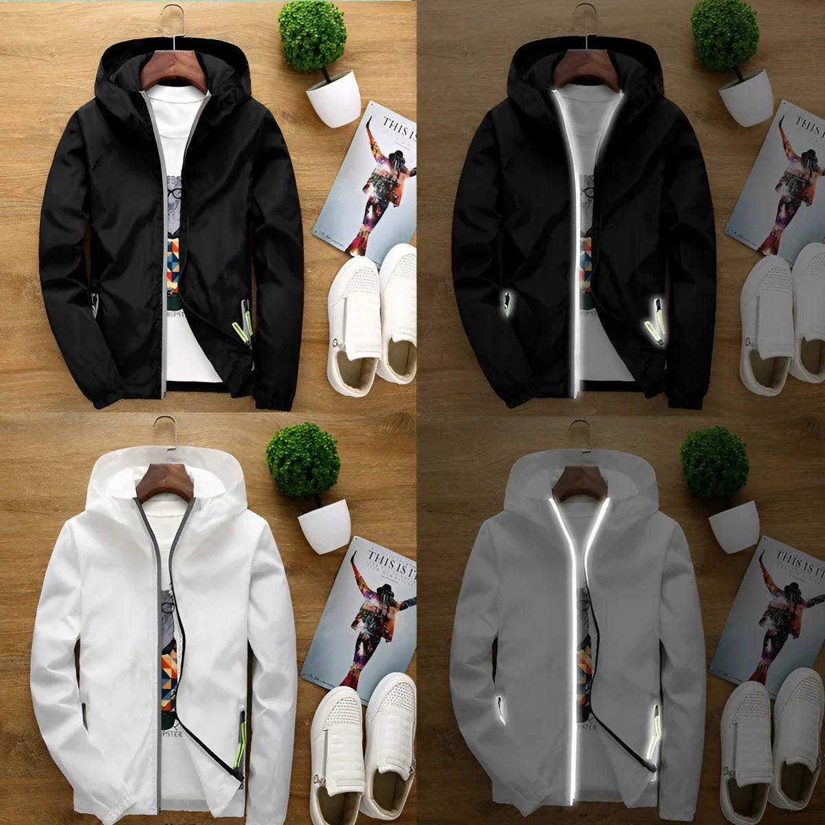 Waterproof polyester fishing jacket with reflective bars and zip pockets, available in 9 colours and sizes S to 7XL