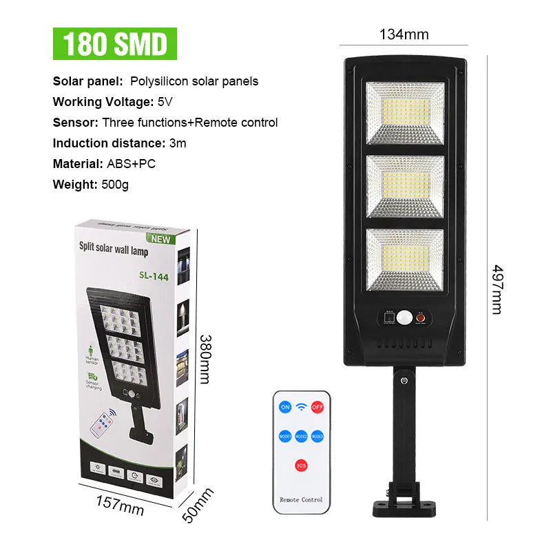 Plastic solar-powered remote control LED street light for outdoor wall or garden installation.