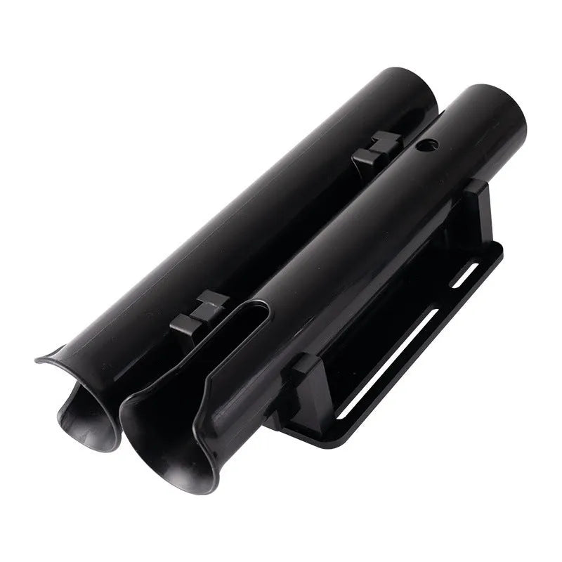 Plastic fishing rod rack with pipe clamp mounted on a bicycle frame