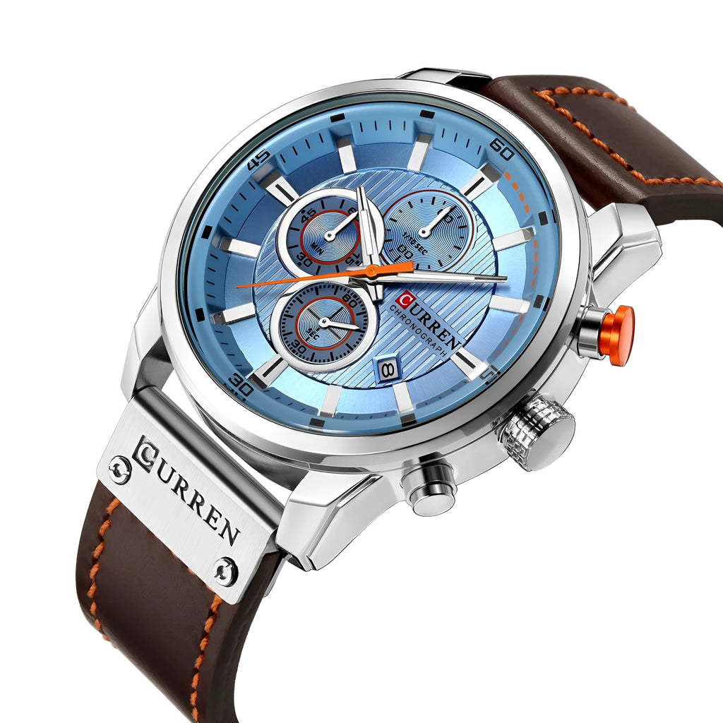 Men's waterproof quartz chronograph watch with 47mm dial, 14mm thick case, leather strap and titanium pin buckle