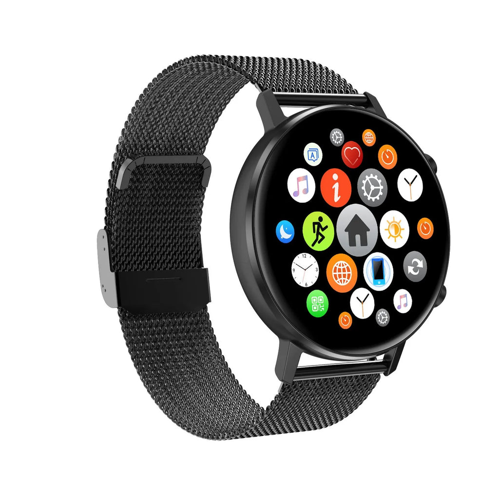 DT96 smart fitness tracker bracelet with stainless steel strap on wrist, showing 1.3-inch colour screen displaying time and heart rate
