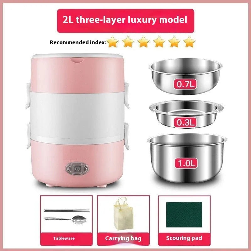 Portable plug-in insulated lunch box in double layer pink with stainless steel inner liner and electrical plug