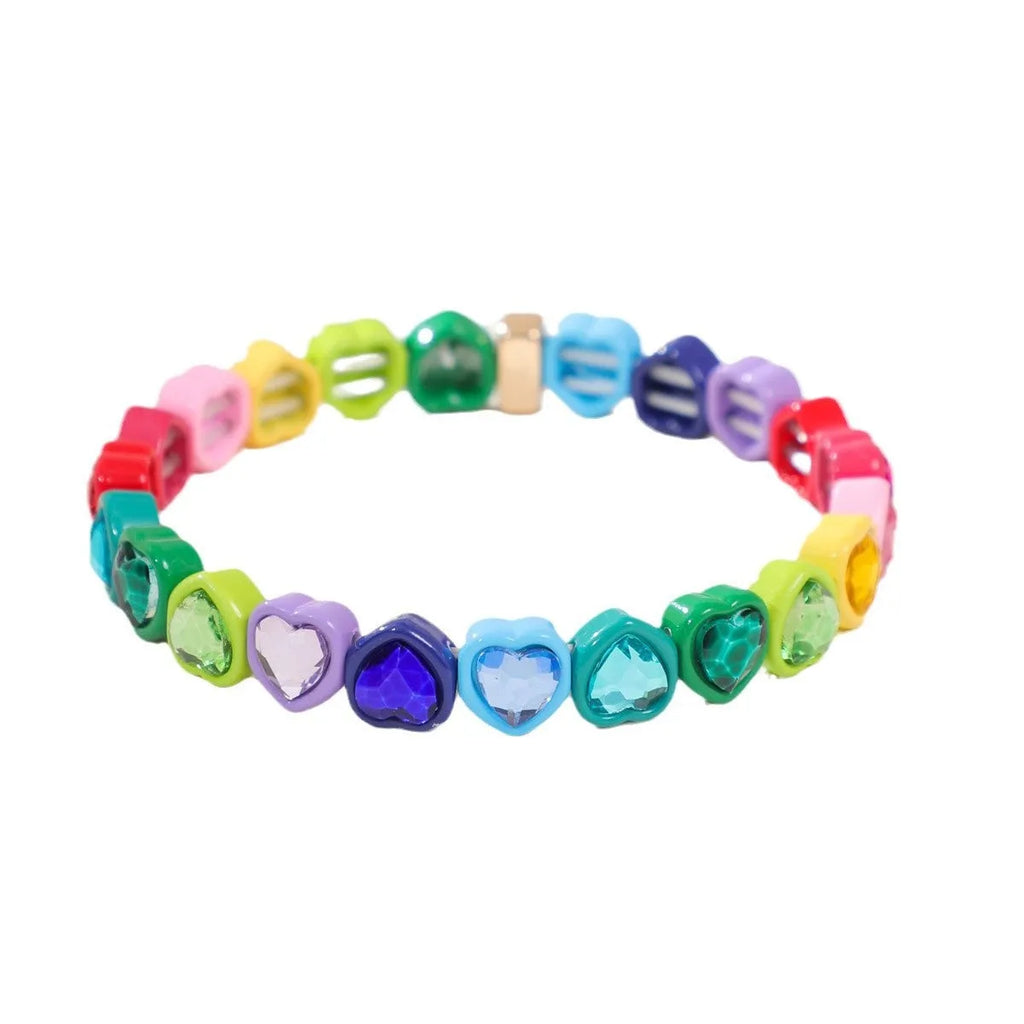 Rainbow enamel heart bracelet in alloy with colourful stretch band and unisex styling