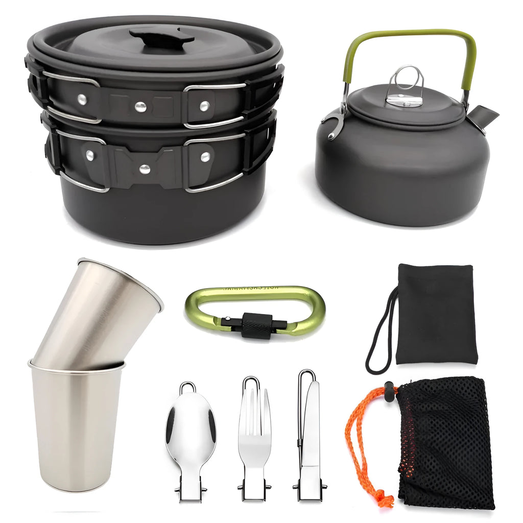 Hard alumina camping cookware set with saucepan, frying pan, 800ml teapot, two 175ml stainless steel cups, cutlery and mesh bag