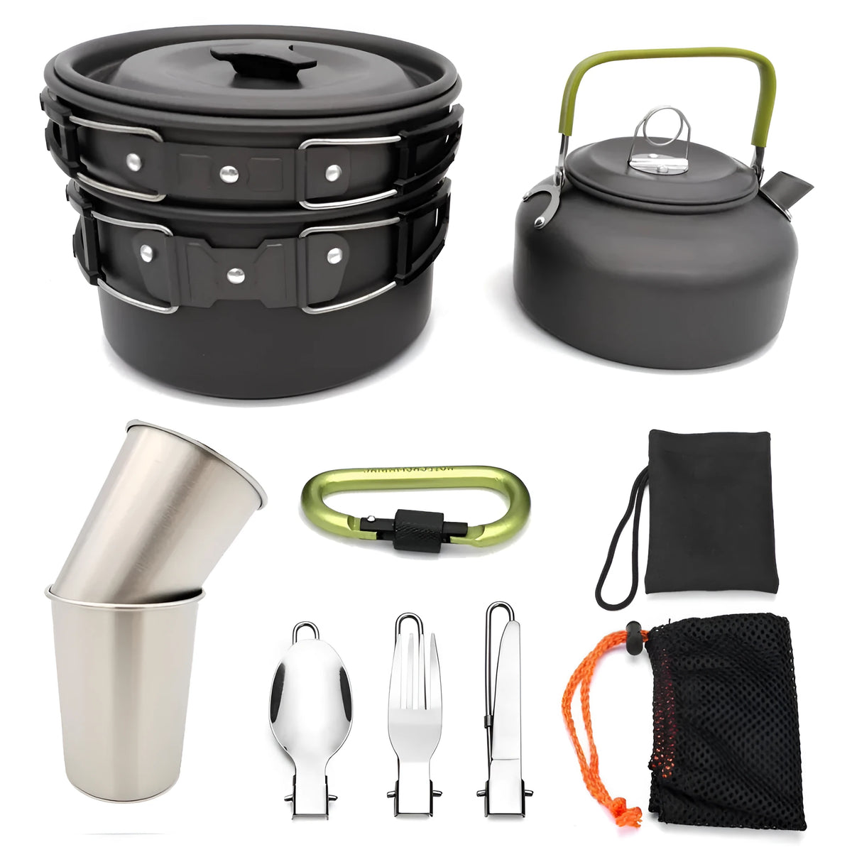 Hard alumina camping cookware set with saucepan, frying pan, 800ml teapot, two 175ml stainless steel cups, cutlery and mesh bag