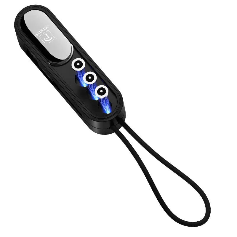 Black magnetic three-in-one USB charging cable with three connector types, 0.4m long.
