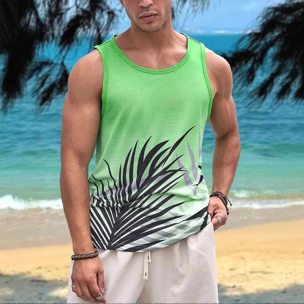 3D printed men's sleeveless vest in solid colour pinhole cloth fabric with Hawaiian style design