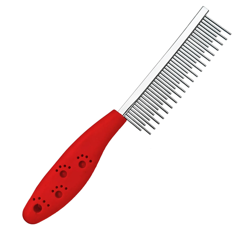 Red pet grooming comb with stainless steel short and long teeth and plastic anti-slip handle