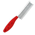 Red pet grooming comb with stainless steel short and long teeth and plastic anti-slip handle