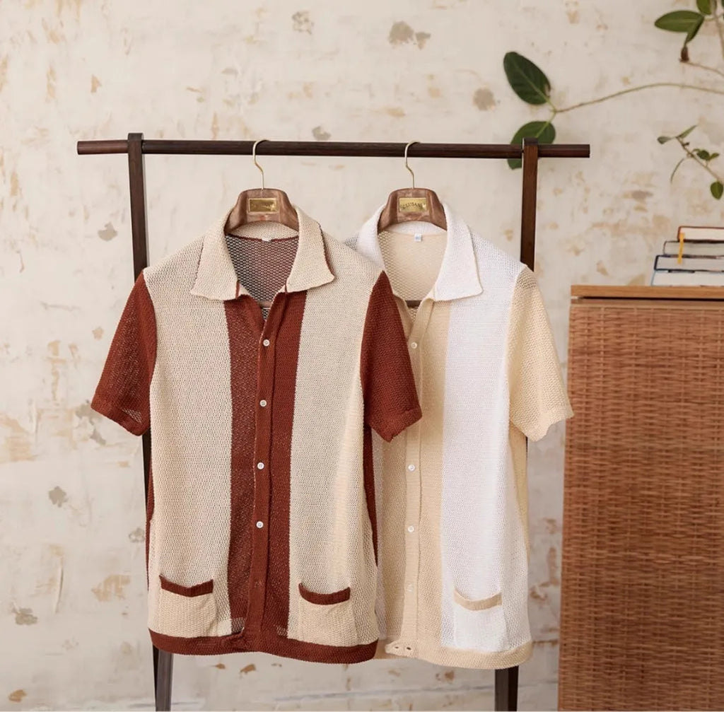 Beige women's short-sleeved lapel cardigan made from a thin cotton and linen knit fabric.