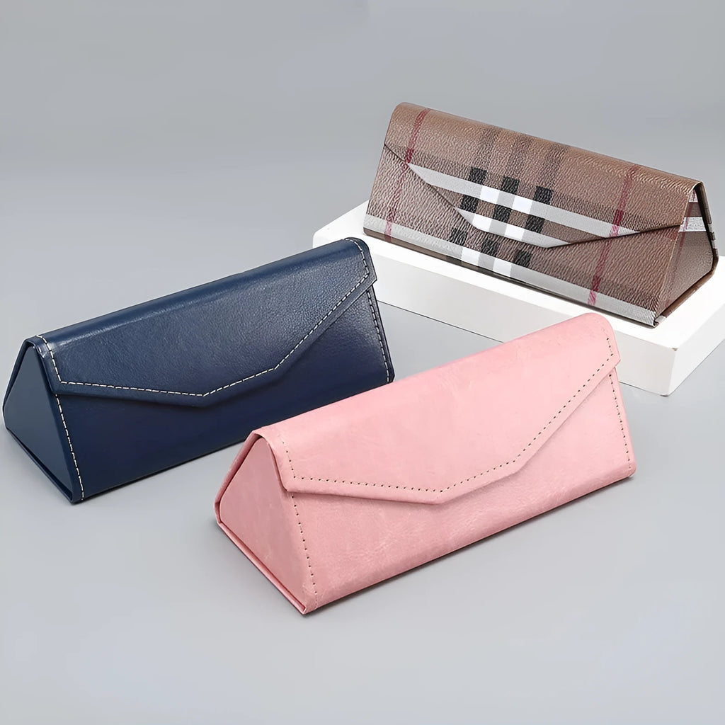 Handmade stitching glasses case in PU cowhide with triangular folding design for compression resistance