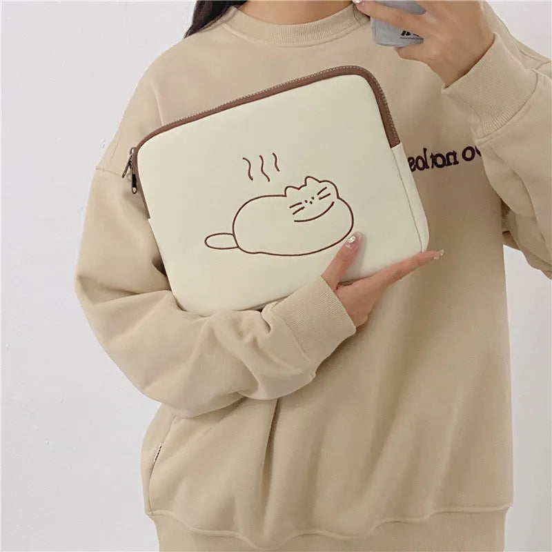 Embroidered animal tablet protective sleeve case with fat cat design in nylon material