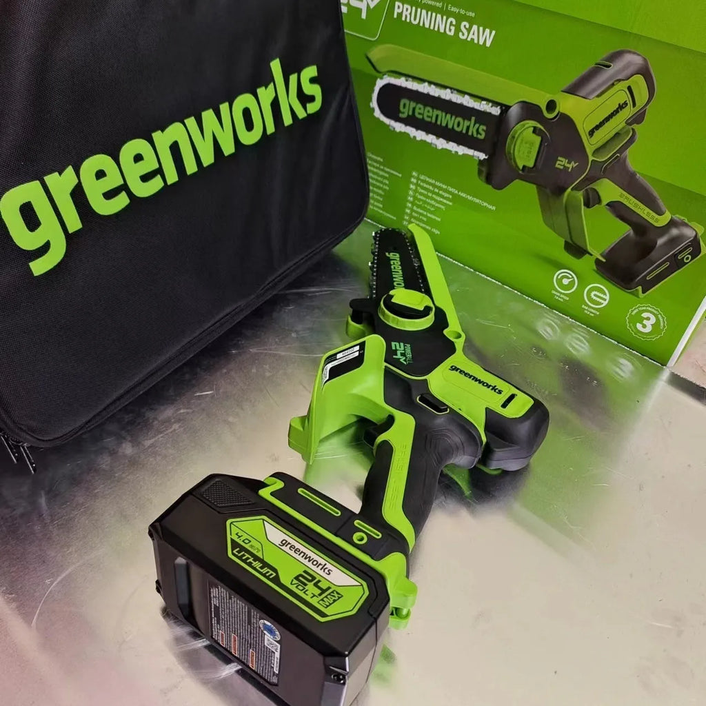6-inch cordless electric chainsaw with 24V lithium battery, two batteries and a charger