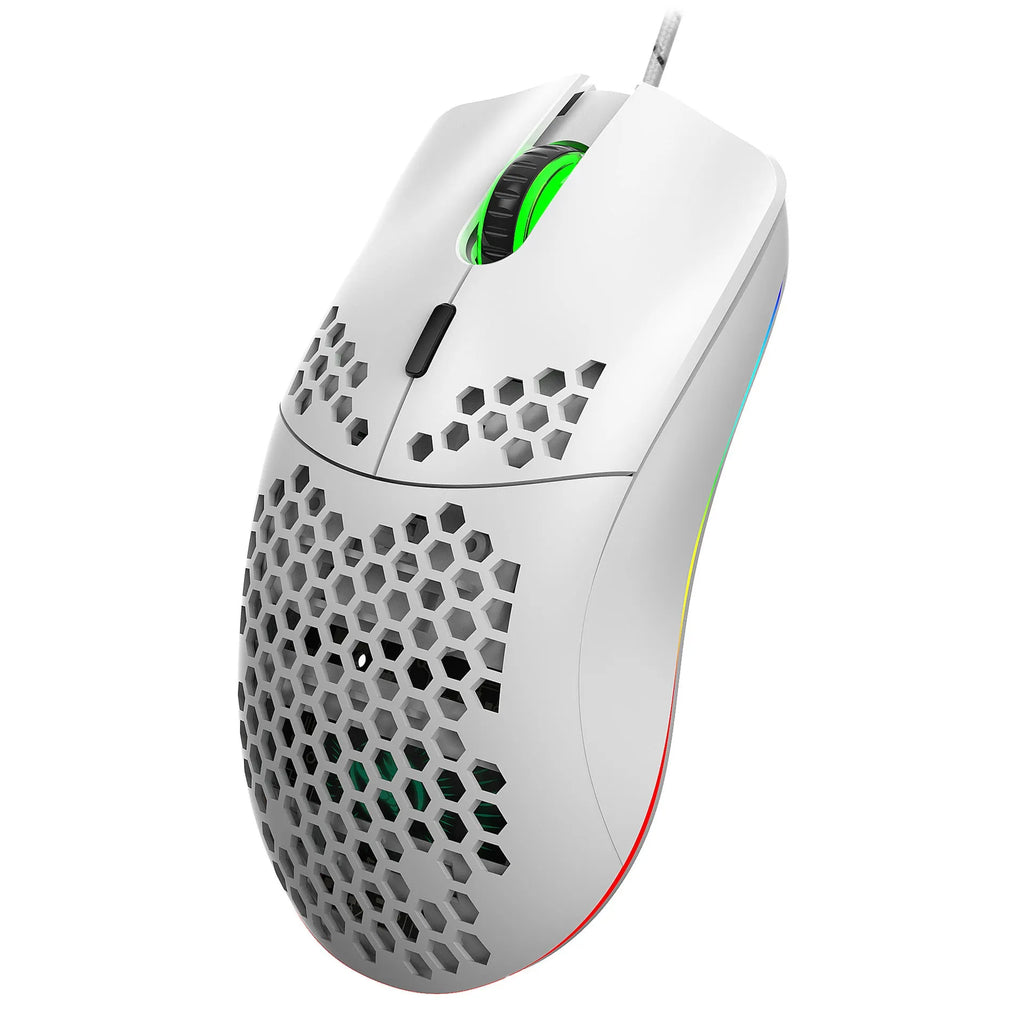 J900 honeycomb shell wired gaming mouse with USB cable in black colour, top view showing six buttons and RGB lighting