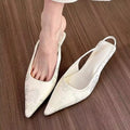 White faux suede mid heel stiletto court shoes with Mary Jane strap, pointed toe, and rubber sole, sizes 35-39