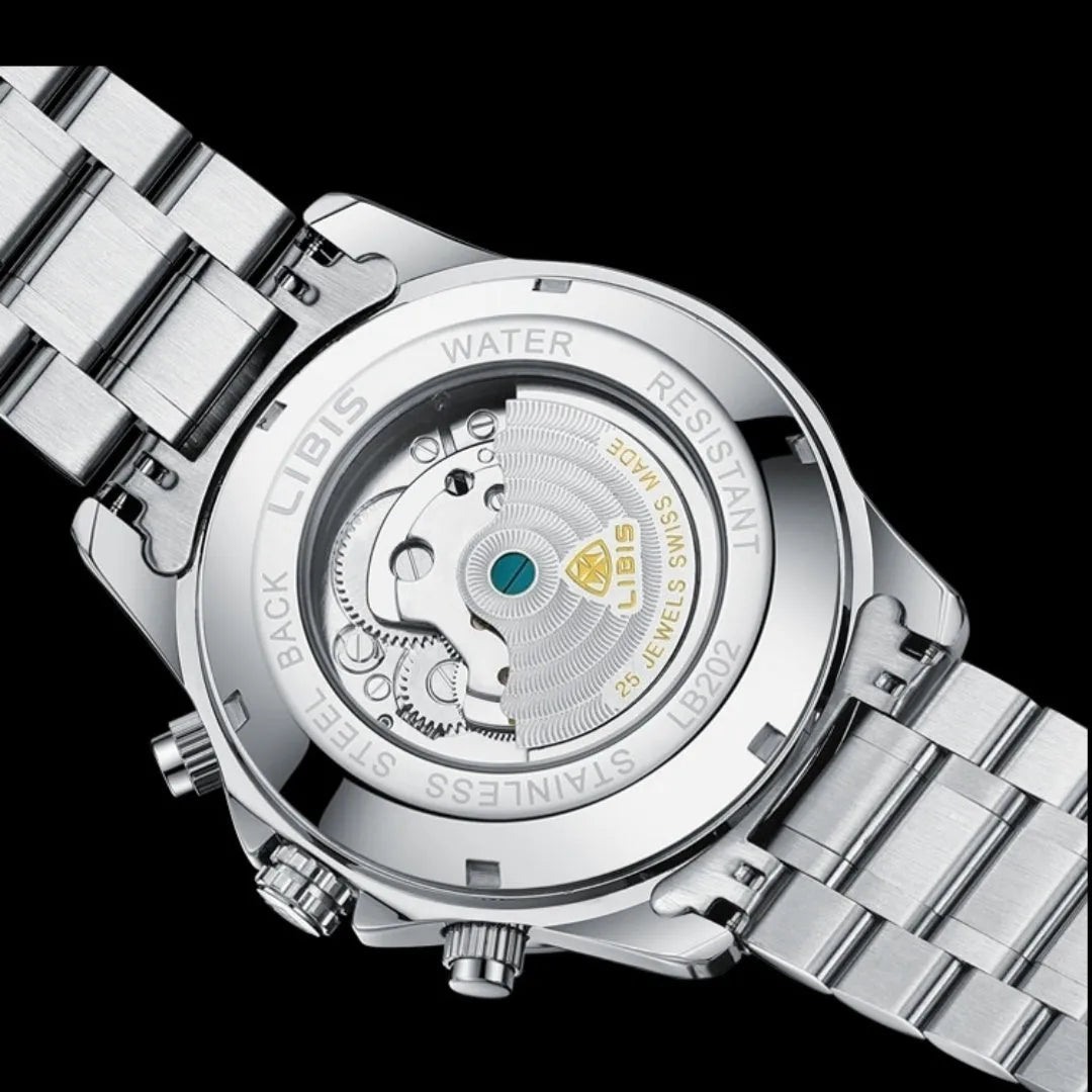 Men's silver automatic perpetual calendar mechanical watch with stainless steel strap and sapphire crystal glass