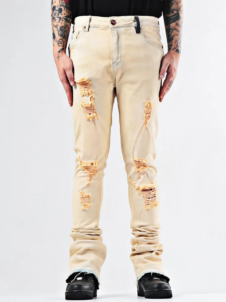 Elastic Youth Heavy Duty Flare Jeans in apricot cotton stretch denim medium high waist stone wash