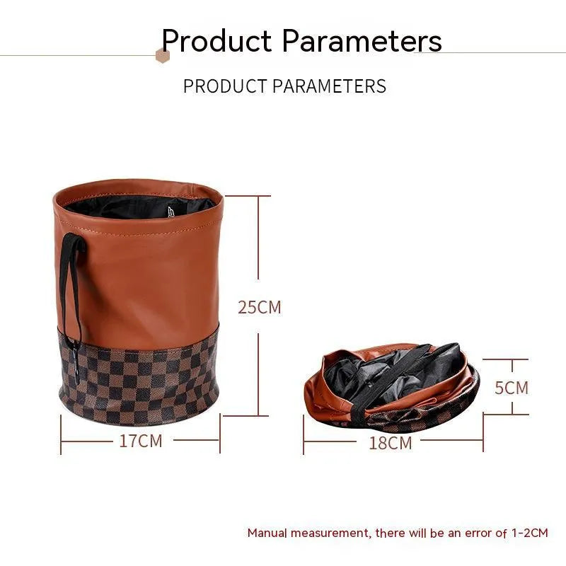 Leather folding car interior trash can shown in single colour option with handle