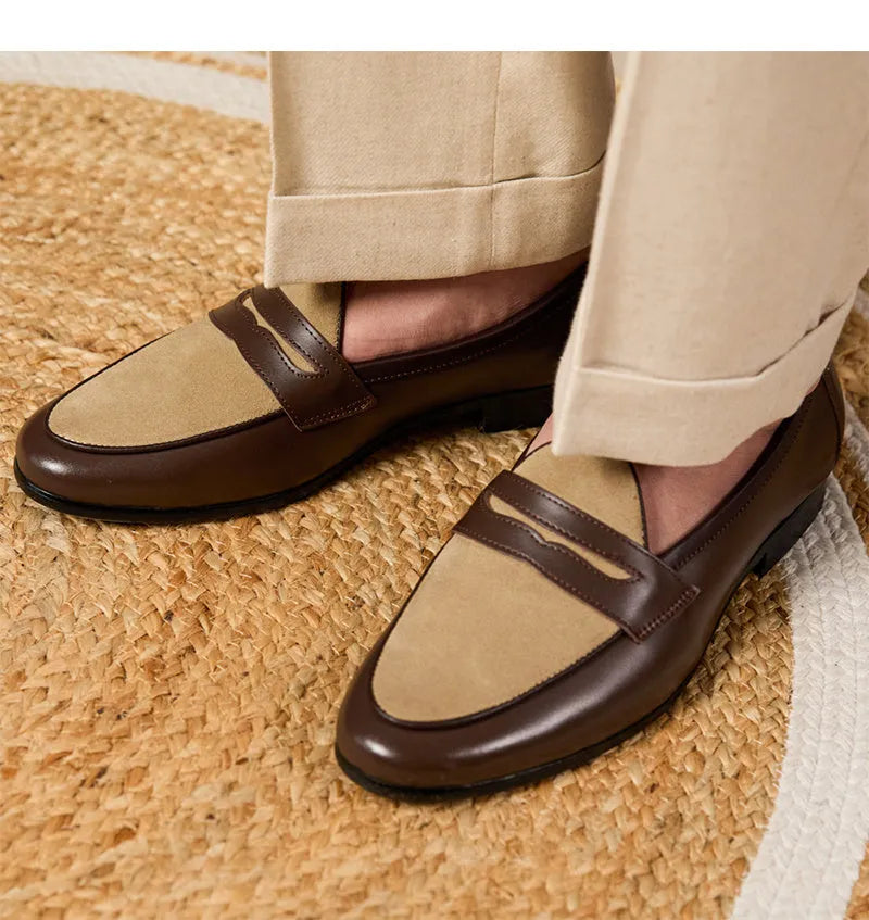 Coffee grey suede leather loafers with a slip-on design and rubber sole