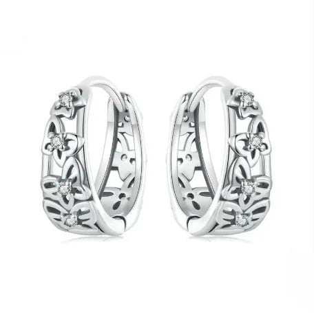 Sterling silver retro butterfly earrings with hollow design and zircon stones