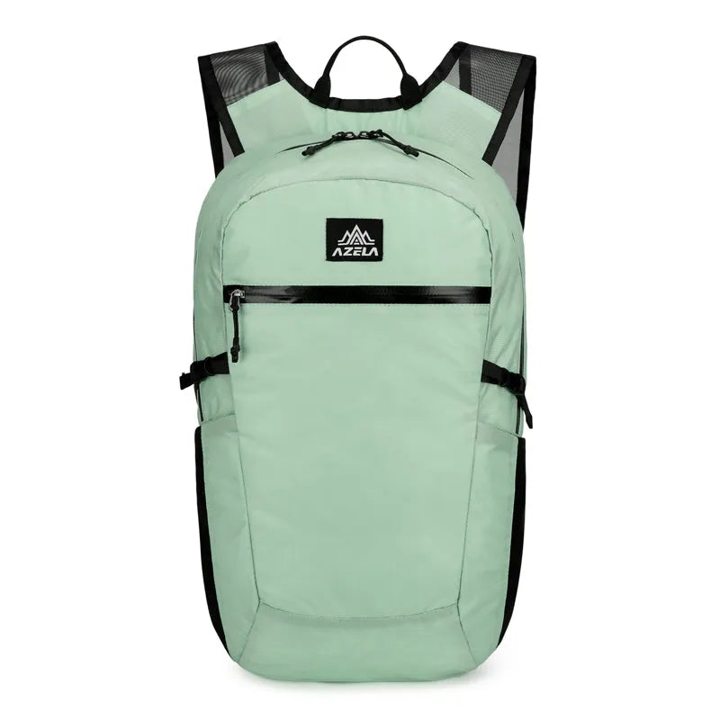 AZELA lightweight lime green backpack with multiple pockets and mesh straps on a plain background