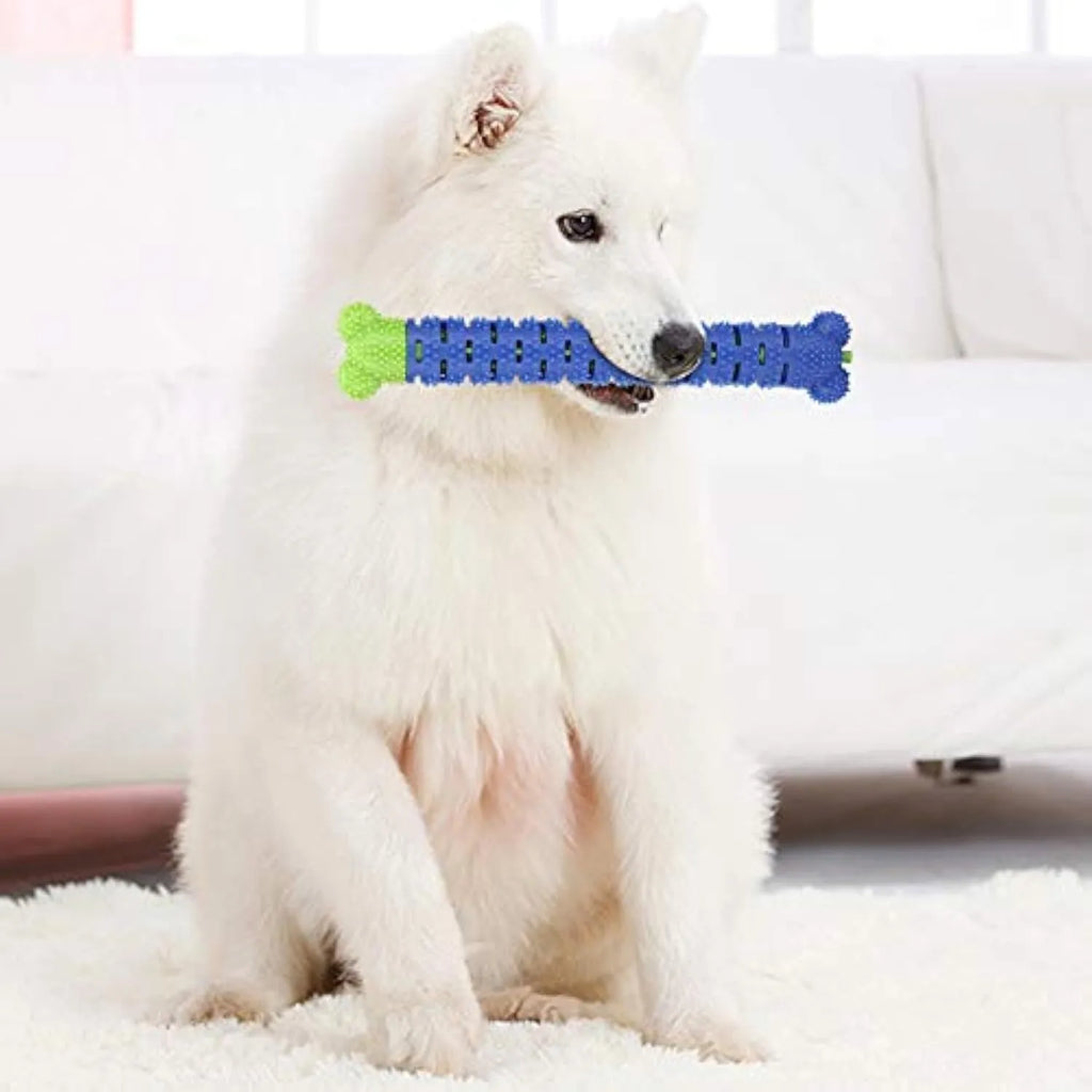 Blue green silicone dog toothbrush cleaning stick with textured surfaces and nodules for gum massage.
