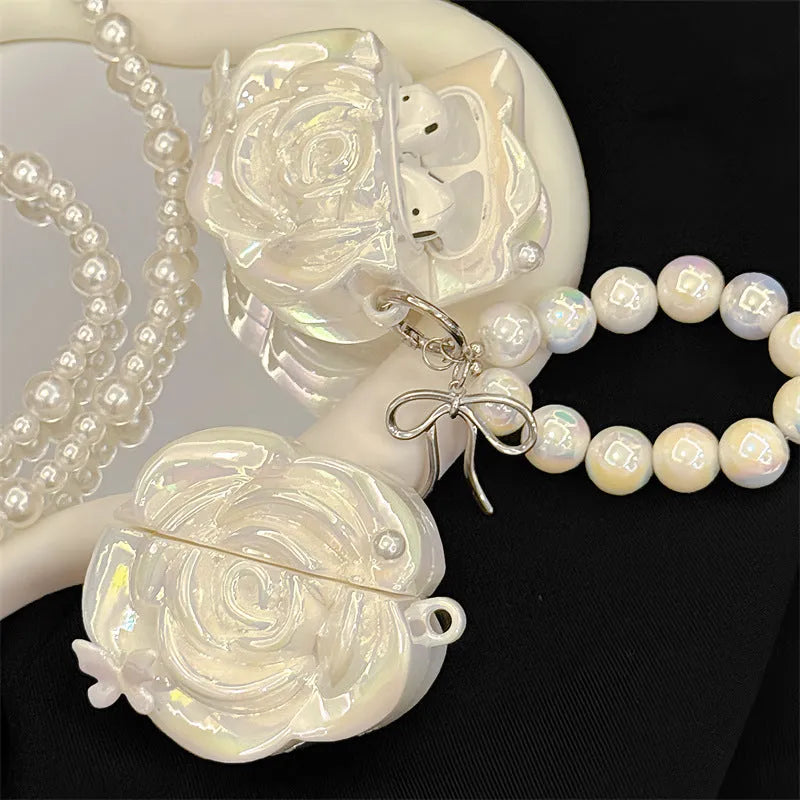 Laser pearlescent white camellia silicone earphone case for Apple AirPods with lanyard