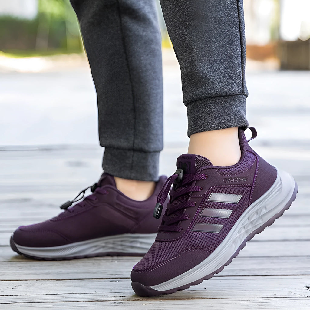 Breathable mesh Mom shoes with elastic band closure in black, purple, purplish red, and dark grey.