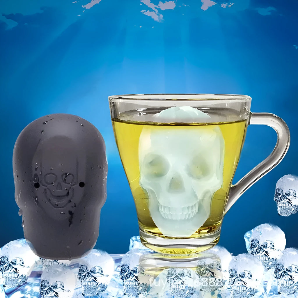 White silicone ice cube tray with detailed 3D skull mould cavities.