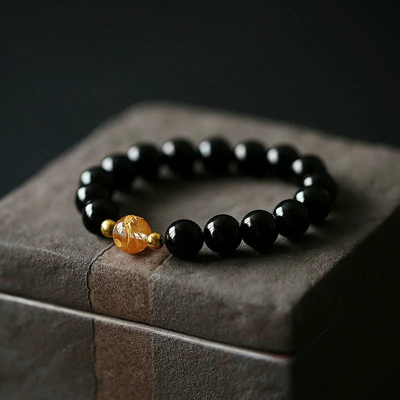 Geometric obsidian white crystal bracelet with black agate beads for 14-16cm wrists