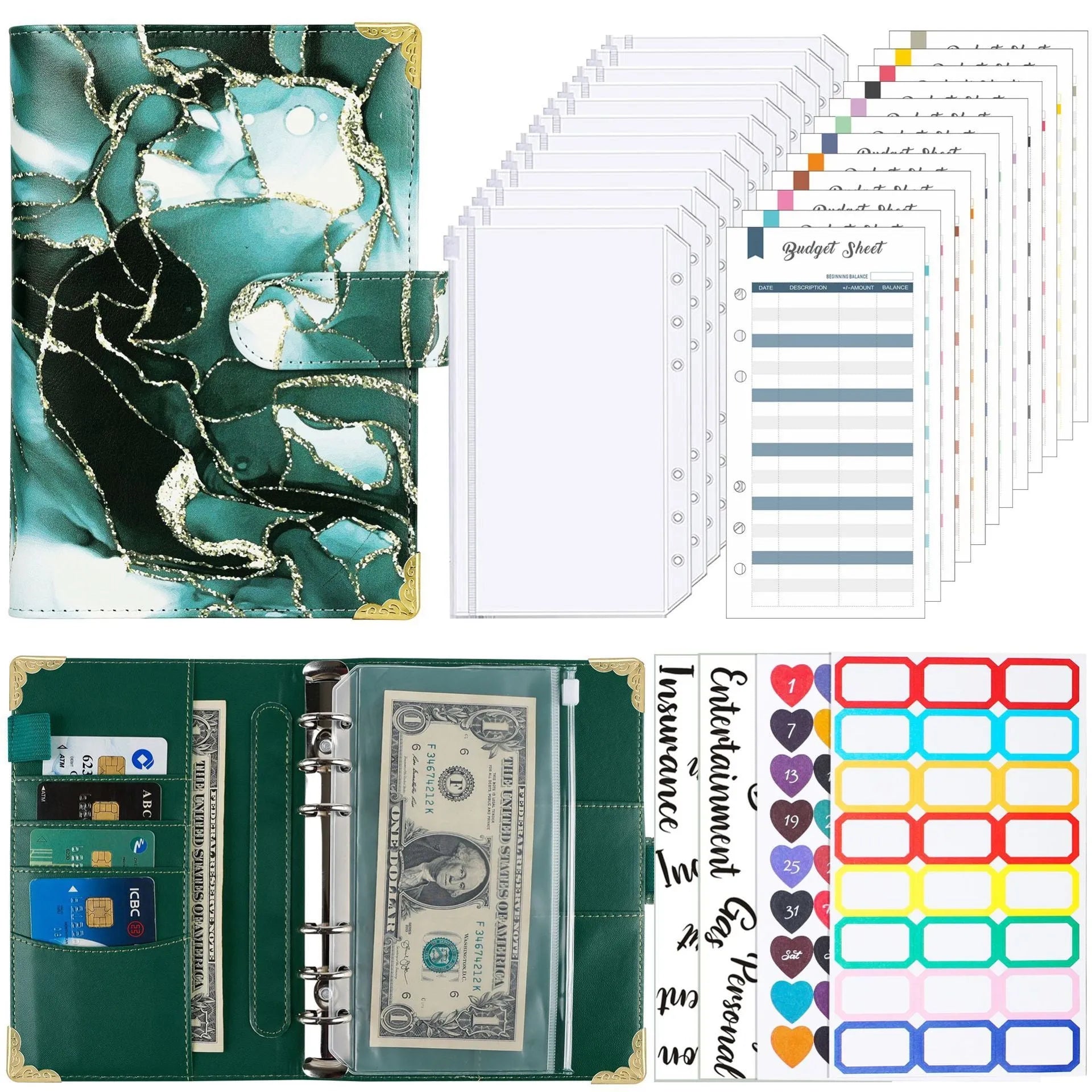 A6 loose-leaf budget notebook with UV blue gray printed cover, ring binder, and budget cards set