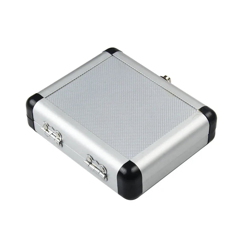 Gold aluminium box with steel plate opening, 58-80mm total length, compact storage